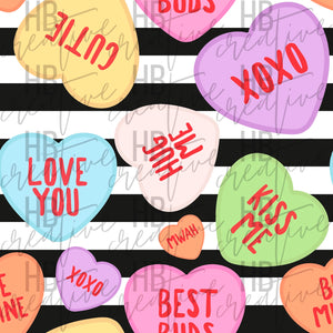 Conversation Hearts on Black Stripes